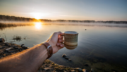 Man holds coffee mug enjoying misty sunrise over calm lake with trees on distant shore warm golden light reflecting on water surface in early morning
