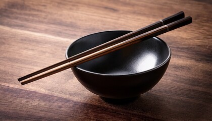 dark texture empty black bowl with chopsticks on wood table background
