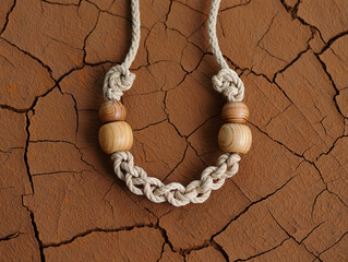 Macrame Necklace with Wooden Beads on Cracked Earth Background