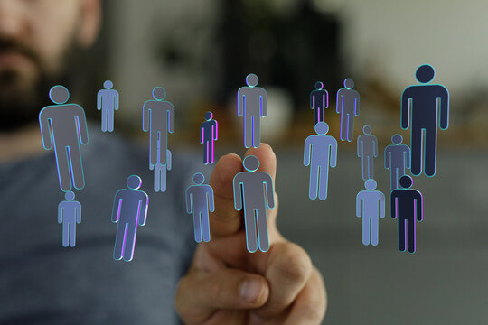 Abstract image representing digital human network, teamwork, global connection and communication, touching fing