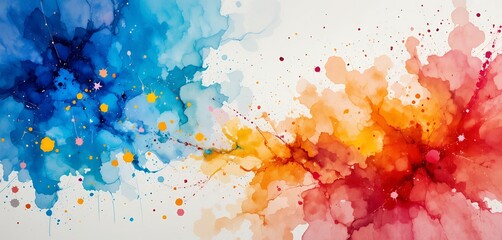Vibrant abstract splash of blue orange and red ink blending dynamically across a white background
