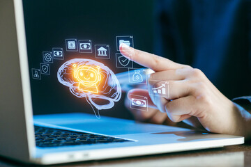 Exploring artificial intelligence through a digital interface with interactive brain visualization on a laptop