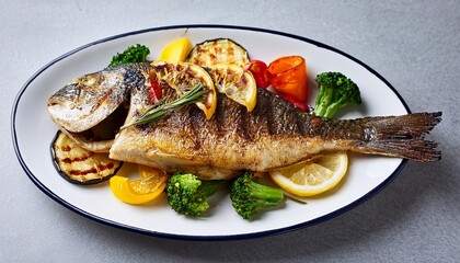 delicious grilled sea bream with lemon slices and colorful vegetables on white plate