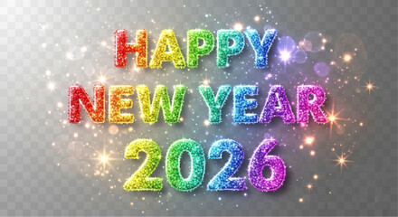 A sparkling rainbow-colored Happy New Year 2026 greeting against a shimmering background with bokeh effect, evoking joy and anticipation for the coming year. vector illustration