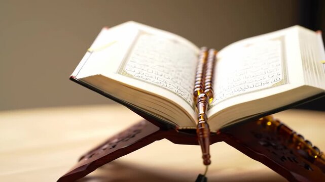 Holy Quran and prayer beads on a wooden stand, symbolizing Islamic faith and devotion.