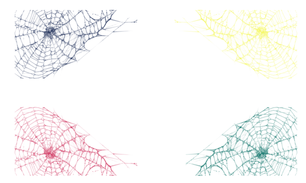 Abstract geometric spiderwebs in vivid colors, corner compositions