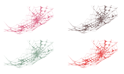 Vibrant spider webs vector set: red, green, brown, delicate net