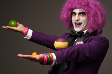Joyful Clown Performing Juggling Tricks with Colorful Balls