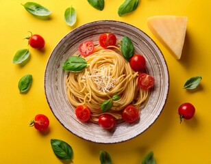 delicious spaghetti with fresh tomatoes basil leaves and cheese on yellow backdrop