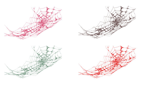 Vibrant spider webs vector set: red, green, brown, delicate net