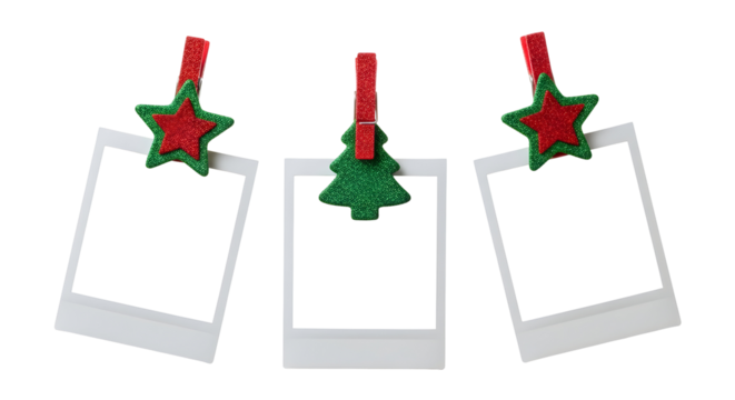 Collection of three blank instant photo prints clipped with festive red stars and a green Christmas tree, isolated on a white background for holiday design