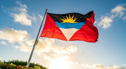 Antigua and Barbuda flag waving against blue sky