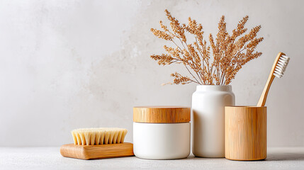 Helle, minimalistische Badezimmer- und Spa-Szenen mit klaren Mockups für Flaschen, Tiegel, Seifen und Handtücher. Sanftes Tageslicht, natürliche Materialien und ruhige Oberflächen