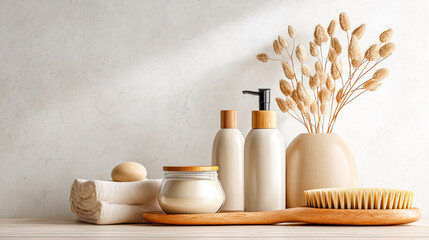 Helle, minimalistische Badezimmer- und Spa-Szenen mit klaren Mockups für Flaschen, Tiegel, Seifen und Handtücher. Sanftes Tageslicht, natürliche Materialien und ruhige Oberflächen