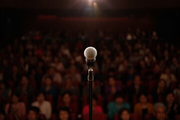 Microphone on Stage with Blurred Audience in Background