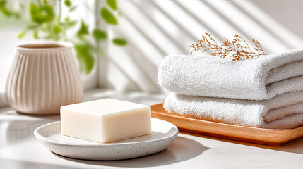 Helle, minimalistische Badezimmer- und Spa-Szenen mit klaren Mockups für Flaschen, Tiegel, Seifen und Handtücher. Sanftes Tageslicht, natürliche Materialien und ruhige Oberflächen