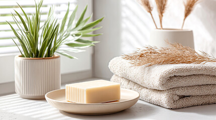 Helle, minimalistische Badezimmer- und Spa-Szenen mit klaren Mockups für Flaschen, Tiegel, Seifen und Handtücher. Sanftes Tageslicht, natürliche Materialien und ruhige Oberflächen