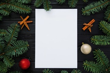 Christmas Holiday Flatlay with Blank Paper, Pine Branches, Cinnamon and Ornaments