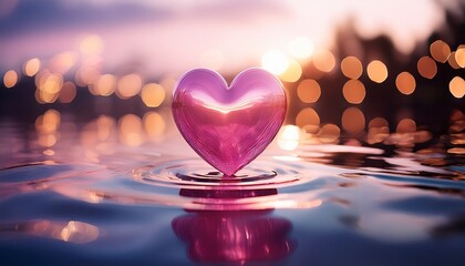 glossy pink heart floating on rippling water surface with bokeh lights background