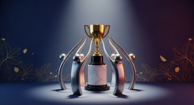 Celebrate ultimate victory with a gleaming golden trophy held aloft by stylized figures, symbolizing achievement and recognition in a prestigious award ceremony setting.