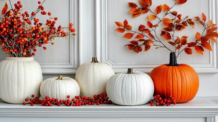 Decorative arrangement showcases a blend of white and orange pumpkins alongside bright autumn leaves and berries on a mantel - Powered by Adobe