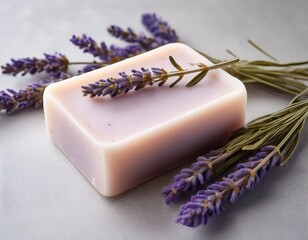 lavender sprigs surround handmade soap bar upon a textured off white surface providing natural aromatherapy