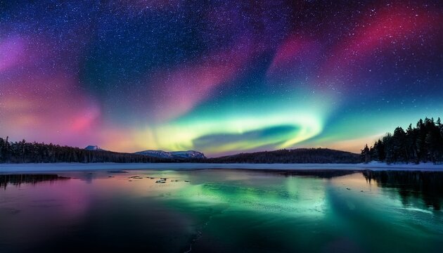 northern lights above frozen lake starry night sky colorful aurora atmospheric reflection - Powered by Adobe