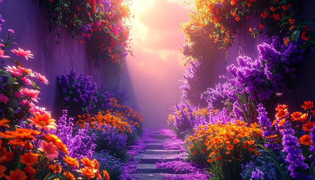 Vibrant flowers flank stone steps under a bright, ethereal sky, creating a dreamlike garden path
