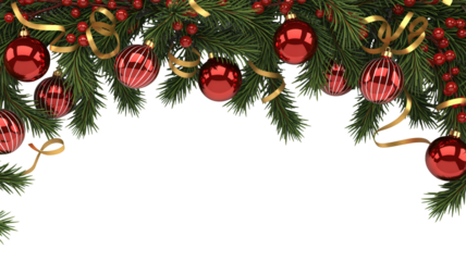 Festive Christmas fir branches adorned with gleaming red ornaments and golden ribbons create a joyful holiday border perfect for seasonal greetings.