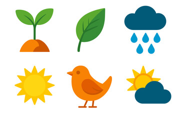 Spring Icons Collection. Spring Renewal in modern flat vector in minimalistic vibrant color design: Sprout, Leaf, Rain, Sun, Bird, Cloud.
