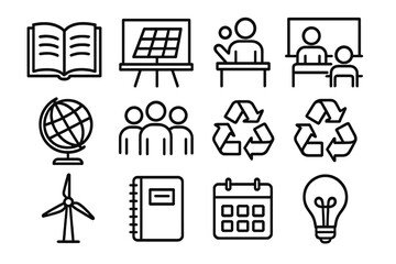EcoFriendly Education Icons. Educational Solar Farm linear icons: open book, chalkboard, teacher icon, classroom, globe, student group, solar panel, recycling symbol, wind turbine.