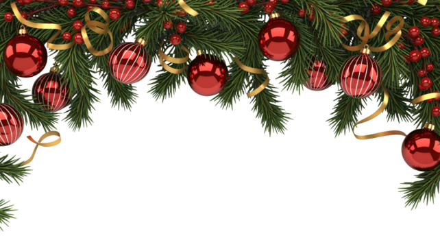 Festive Christmas fir branches adorned with gleaming red ornaments and golden ribbons create a joyful holiday border perfect for seasonal greetings.