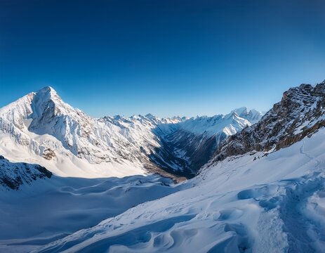 snowy mountain peaks under clear blue sky wide angle majestic alpine landscape serene background