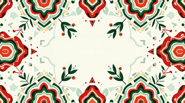 Decorative floral border with layered mandala rosettes and leafy sprigs in green, red and cream. Central blank area for text invitations, greeting cards, packaging and web banners