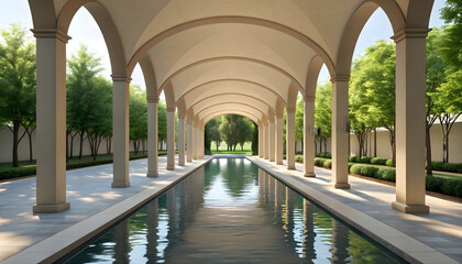 Elegant outdoor colonnade with reflecting pool and lush green landscaping