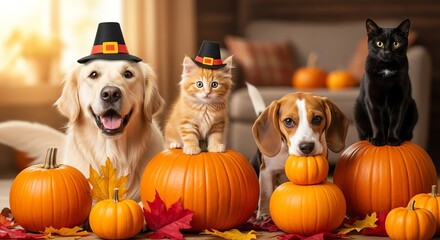 Dogs, cat, and pumpkins for Thanksgiving celebration