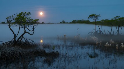 serene bayou landscape at dusk, full moon rising over still waters, mangrove trees silhouetted against a dusky sky, reflections in the calm water, atmospheric lighting, digital art, highly detailed, c