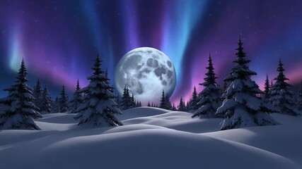 Oversized full moon above a snowy forest under a purple and blue Aurora Borealis. - Powered by Adobe