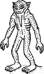 Fototapeta premium A slender, spotted alien creature standing upright, illustrated in a unique stipple style. Vector for science fiction, extraterrestrial encounters, and fantasy worlds, isolated on white