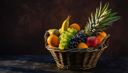 Abundant Fresh Fruit Basket Overflowing with Assorted Healthy Produce Tropical Pineapple Grapes Citrus and Apple in Rustic Wicker Container healthy eating