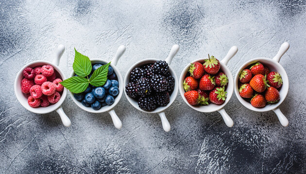 fresh berries including raspberries blueberries blackberries and strawberries artfully arranged in small white bowls showcasing a healthy and delicious selection of summer fruits healthy eating