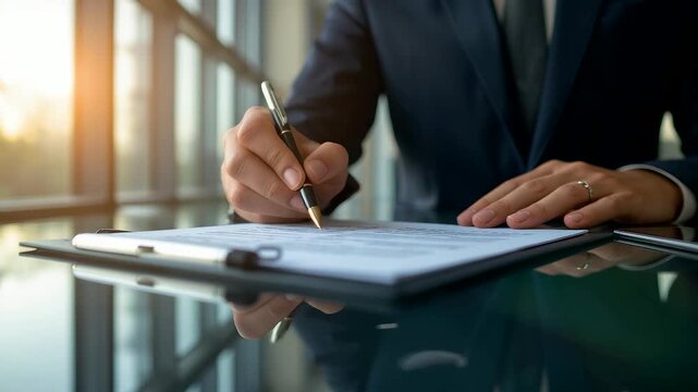 Businessman in suit signing important contract on glass desk in modern office with natural light, professional document signature