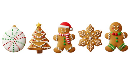 Festive Christmas cookies in the shape of a gingerbread man, Christmas tree, and ornament, adorned with icing decorations