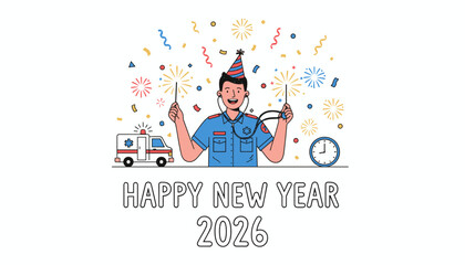 Happy New Year 2026 illustration Paramedic celebrating with sparklers and confetti