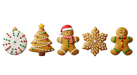 Delicious Christmas gingerbread cookies including a snowflake, tree, and candy cane design