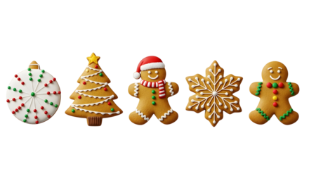 Delicious Christmas gingerbread cookies including a snowflake, tree, and candy cane design