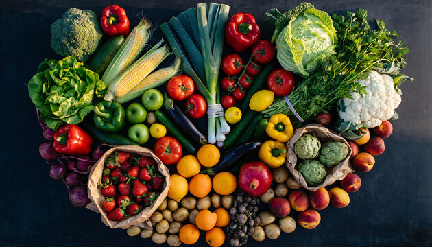 Vibrant Heart Shape of Fresh Organic Vegetables and Fruits Assortment healthy eating - Powered by Adobe