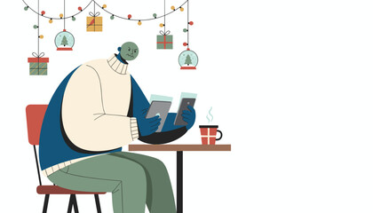 Angry person multitasking with tablet and phone during holidays stressed by digital life