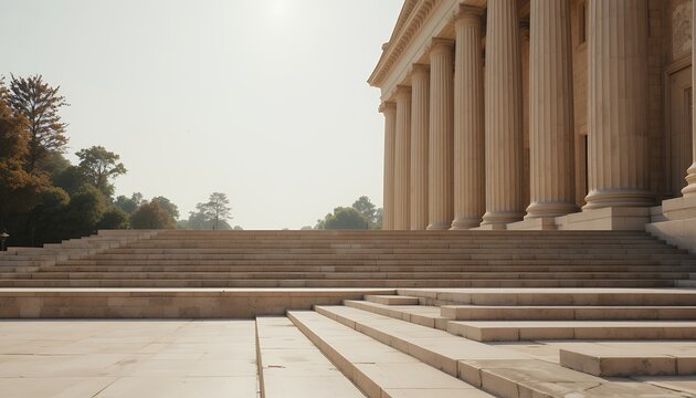 Wide exterior view of historic monumental building with grand stone steps and classical columns