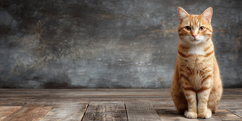 Orange tabby cat sitting on a wooden floor against a textured gray wall looking calm and attentive